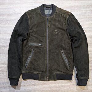 All Saints Freight Bomber Men's Small Goat Sheep Leather Suede Green Black Zip